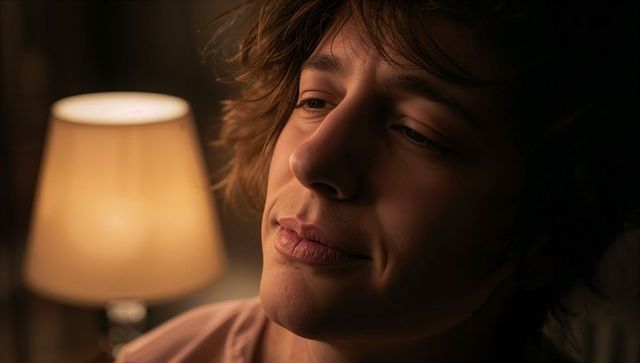Contemplative young man basking in warm lamp glow close-up bedroom portrait