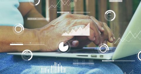 Senior hands typing on laptop with financial charts and analytics overlays on porch