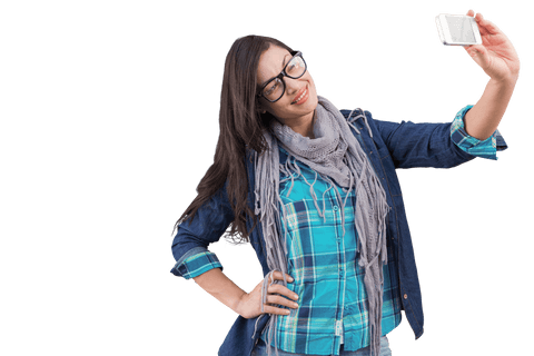 Caucasian woman taking selfie wearing scarf on transparent background