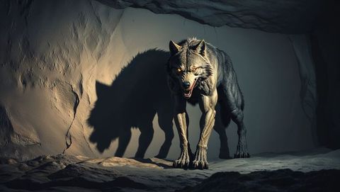 Aggressive grey werewolf snarling in dark cave
