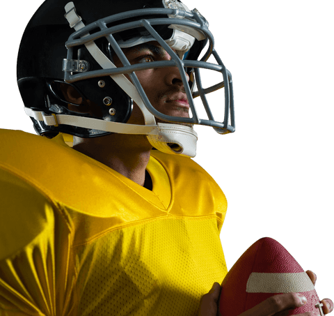 American football player in transparent helmet looking determined