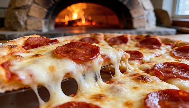 Stretching mozzarella from pepperoni pizza slice with crispy crust and wood-fired oven