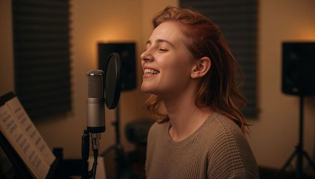 Female Vocalist Recording in Studio Embracing Her Passion