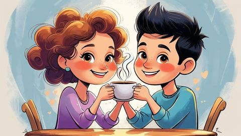 Teenage cute couple enjoying warm beverages in cozy setting