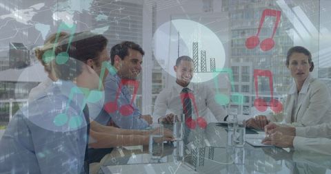 Global business meeting amidst data visualization overlays