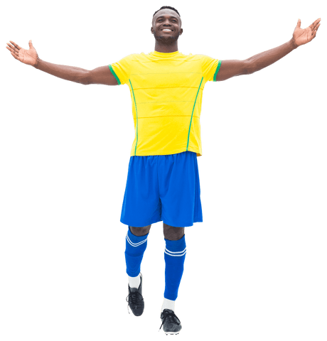Soccer Player Celebrating Victory with Joyfully Outstretched Arms
