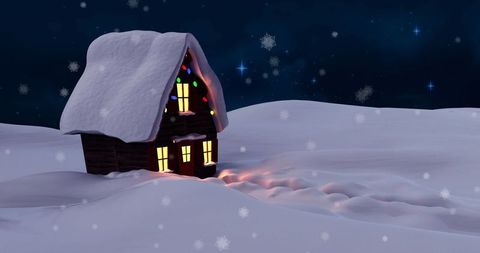 Cozy Cabin with Christmas Lights in Snowy Winter Landscape