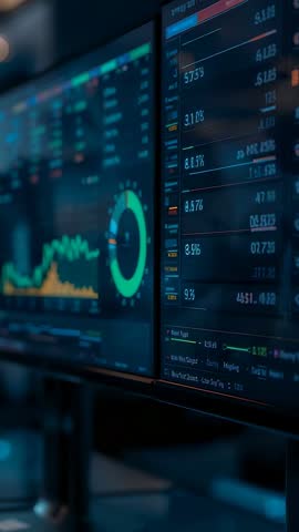 Vertical video panning multi-monitor trading dashboard displaying real-time market charts
