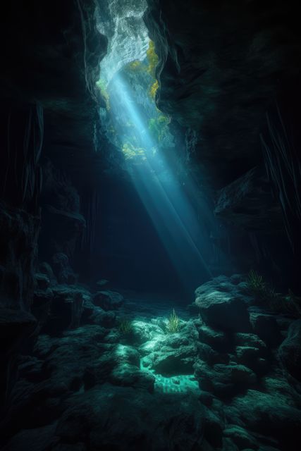 Rays of sunlight and plant life in underwater cave, created using generative ai technology. Nature, diving and underwater exploration concept digitally generated image.
