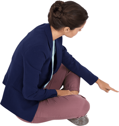 Transparent businesswoman sitting cross-legged pointing down