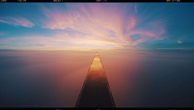 Extending film-strip walkway toward pastel horizon over calm ocean at sunrise
