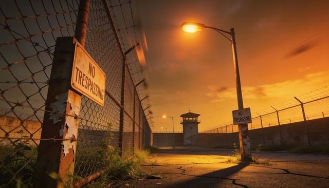 Rusted chain-link prison perimeter at dusk with no trespassing signs and watchtower