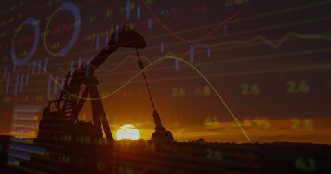 Oil Pump Jack and Financial Graphs Blend at Sunset