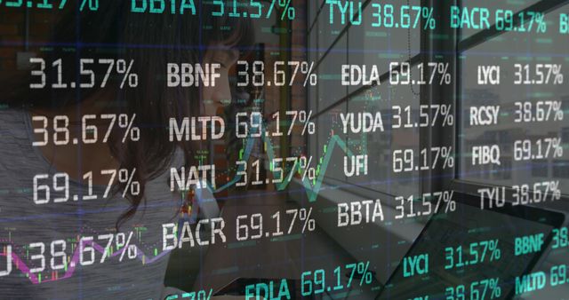 Stock market data overlay on modern office worker - Download Free Stock Images Pikwizard.com