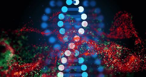 Glowing dna helix pulsing with streaming red and green particle clouds