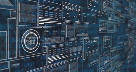 Visualizing live telemetry dashboard with layered data panels, charts, gauges and binary stream