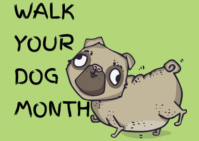 An adorable cartoon pug illustration celebrating Walk Your Dog Month on a green background. This cheerful image emphasizes pet care and the importance of walking dogs regularly. Perfect for promoting pet-related events, campaigns for pet health awareness, social media posts for dog lovers, or pet-related blog visuals.