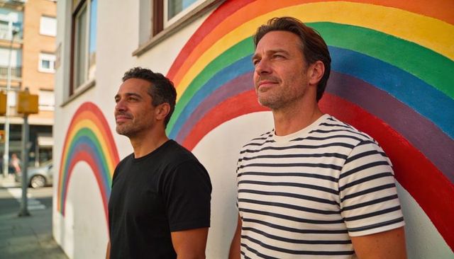 Two men standing by rainbow mural on urban corner, sunlit casual lifestyle portrait, vibrant colors