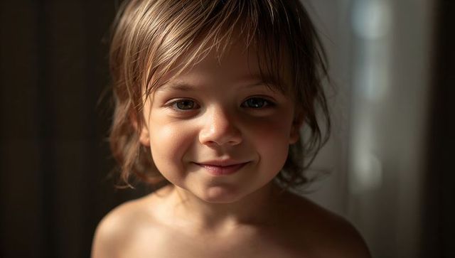 Sunlit preschool child with hazel eyes and tousled hair, gentle smile and window light