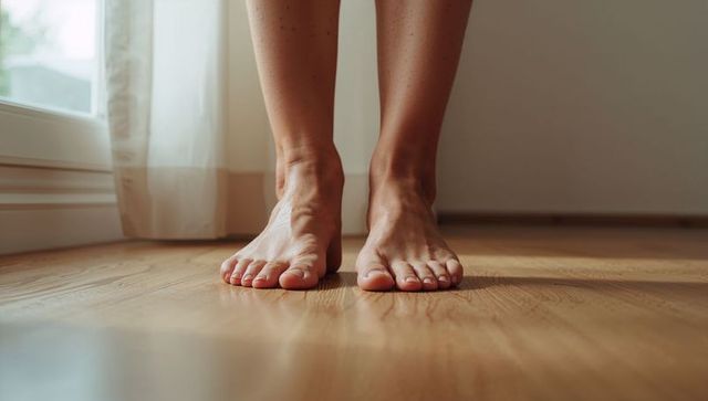 Bare feet standing on sunlit hardwood floor near sheer curtain and white baseboard