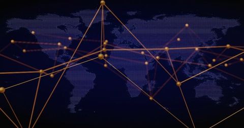 Global network connecting golden nodes over dotted world map with glowing streaks