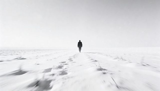 Lone figure walking across snowy field leaving footprints toward distant horizon