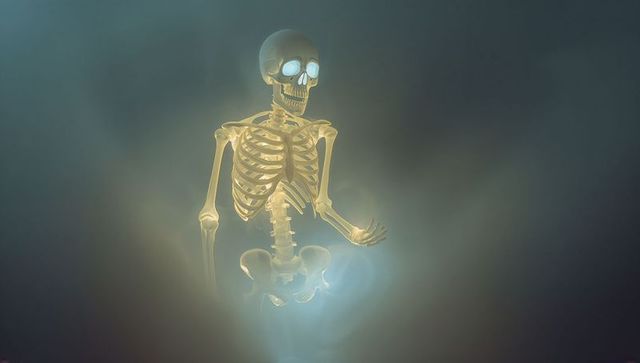 Floating Glowing Human Skeleton in Misty Void