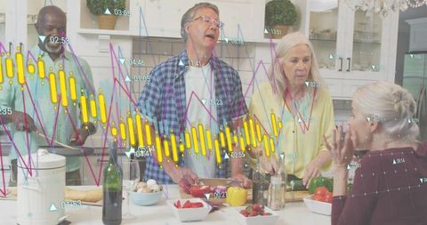 Older adults cooking together on bright kitchen island while financial charts overlay