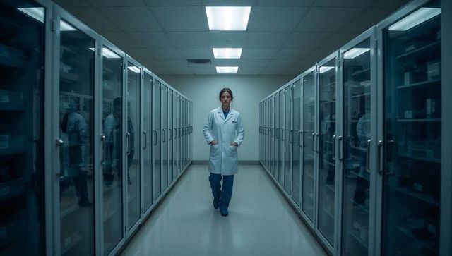Female scientist walking down sterile storage corridor in clinical research facility