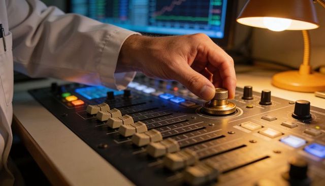 Hand adjusting brass rotary encoder on audio mixing console with faders and lit buttons
