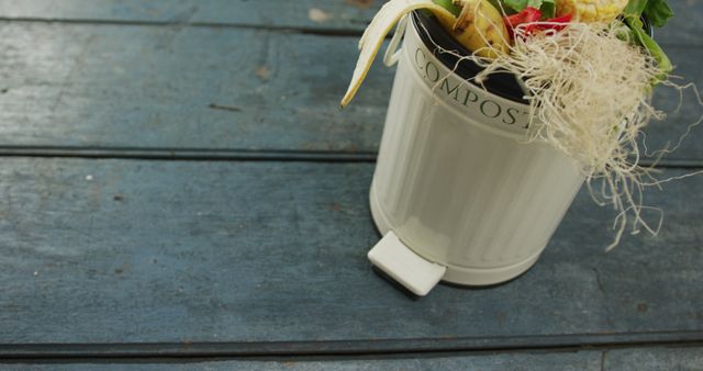 Image of white compost bin with organic waste and copy space on grey wooden background - Download Free Stock Photos Pikwizard.com
