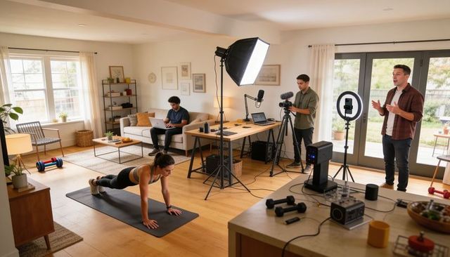 Home workout production with woman performing plank while crew recording fitness content