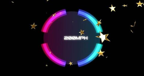 Neon hud speed gauge 200mph with magenta cyan arc rings and floating gold stars