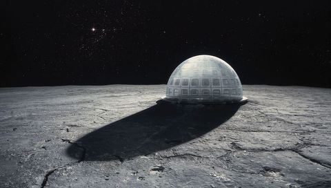 Futuristic lunar dome outpost casting long shadow on cratered plain