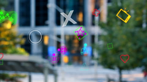 Neon Shapes Overlaying Blurred Cityscape Implying Urban Technology