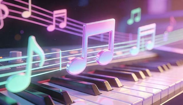 Translucent neon music notes floating above pastel piano keyboard with glowing staff lines