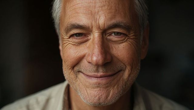 Smiling senior man with weathered skin and grey stubble conveying warmth and quiet wisdom