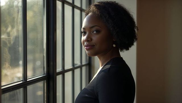 Standing woman gazing out large grid window wearing fitted black top and pearl earrings