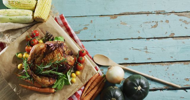 Roast chicken served with fresh vegetables like corn, tomatoes, carrots, and squash on an aged wooden table. Could be used for autumn or Thanksgiving themes, promoting healthy eating, or culinary blogs focusing on farm-to-table cuisine.