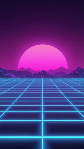 Neon Grid Sunset Over Cyber Mountains Vertical Video Retro Futuristic Vaporwave Synthwave