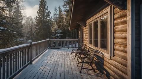 Sunlight Casting Long Shadows on Snow-Dusted Log Cabin Deck Overlooking Pine Forest