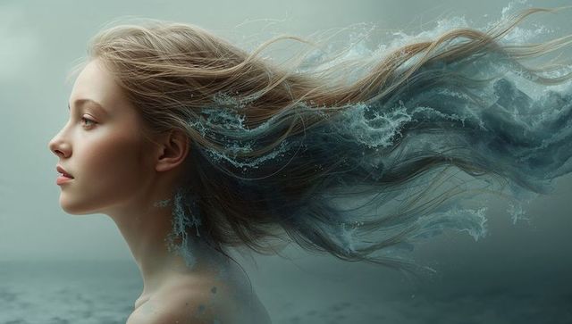 Surreal Ocean Waves Integrated with Woman's Flowing Hair