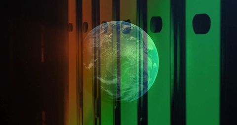 Earth globe floating through vertical color digital stripes with film grain and vignette