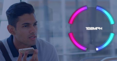 Businessman conversing on smartphone with futuristic speedometer graphics