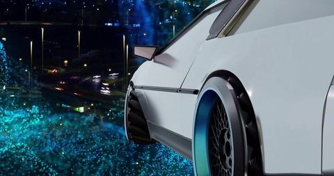 Futuristic white sports car rear quarter with teal rim and neon city night reflections
