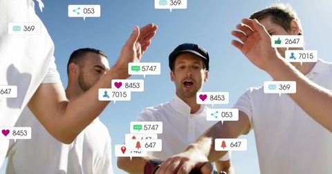 Cricket Players Engaging with Social Media Icons Overlay