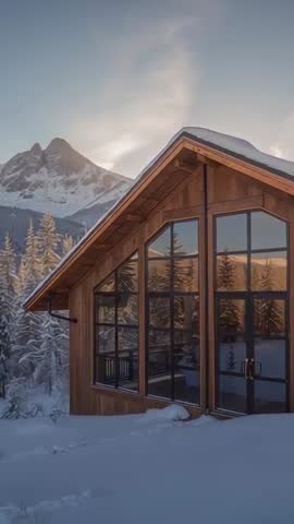 Vertical video showing wood chalet on snowy slope with sunlit glass doors and alpine mountain backdr