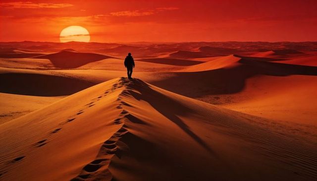Walking solitary traveler tracing dune ridge toward blazing desert sunset