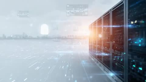 Grid Floor Corridor and Server Racks Highlight Cybersecurity