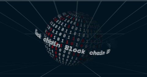 Rotating Binary Globe Orbiting Blockchain Text Ring on Neon Data Grid